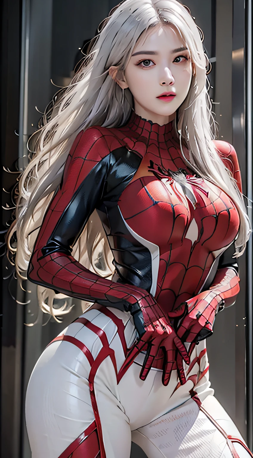 Photorealistic, high resolution, 1 woman, hips up, Beautiful eyes, Long hair, ringed eyes, jewelry, white hair, SpidermanClasic female, spiderman costume