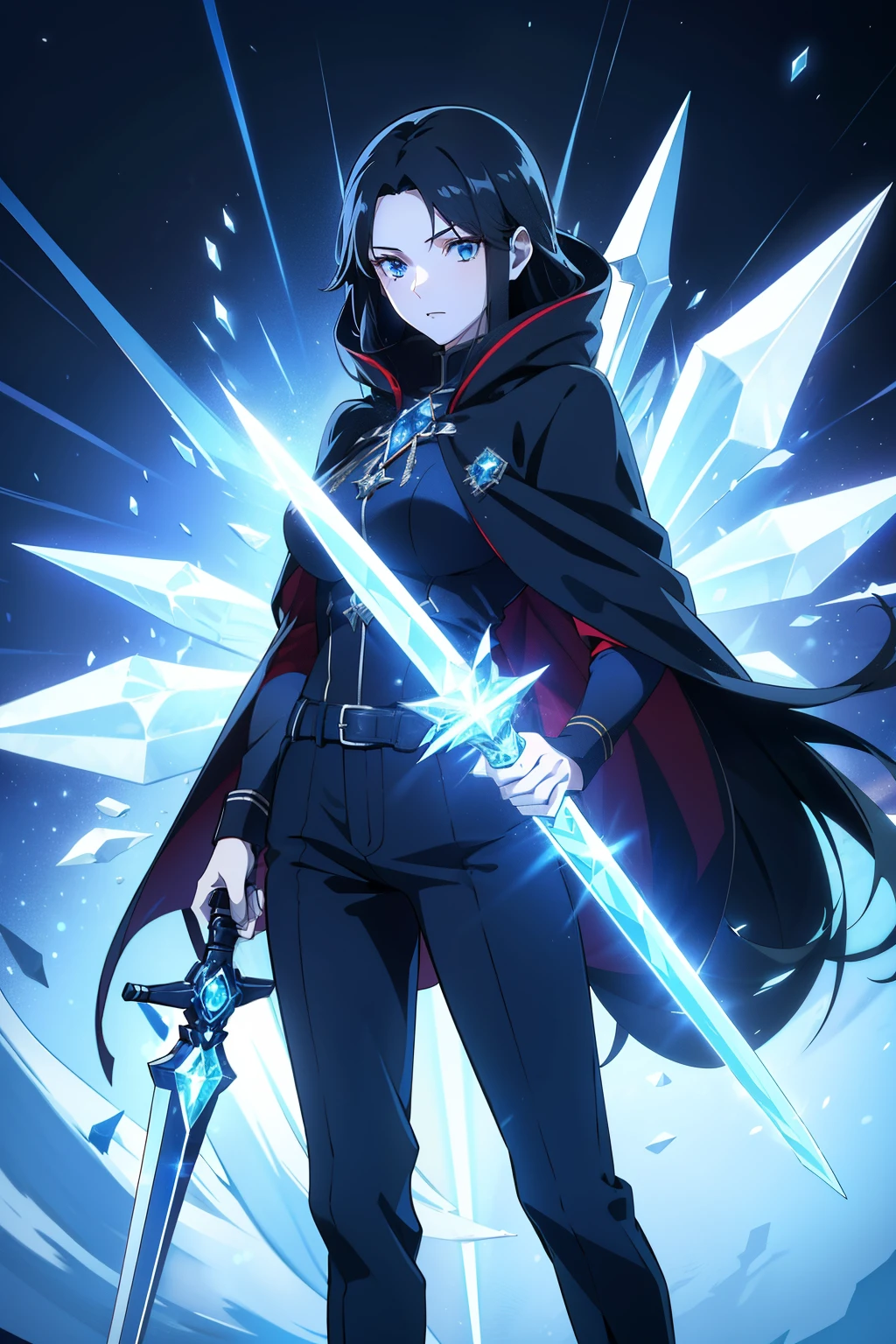 A woman, young, 19 years old, long black hair, snow-white skin, cold gaze, crystal blue eyes, black uniform with pants, wearing a red cloak with a loose hood, holding a crystal sword, background with blue lights .