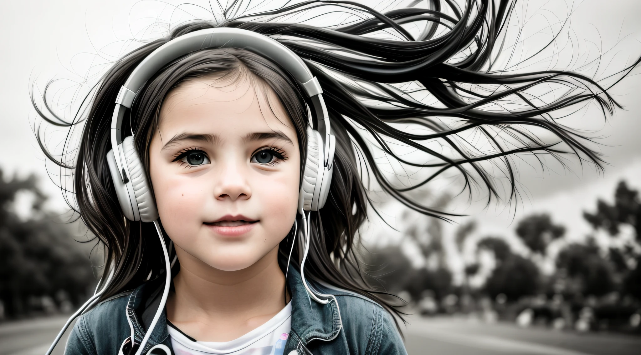 foto em preto e branco de uma menina com fones de ouvido, menina usando fones de ouvido, Listening to music, vibing to music, Usando fones de ouvido, Fones de ouvido ligados, com fones de ouvido, music in the air, listening to godly music, foto de retrato em close-up, usando fones de ouvido pretos, fotografia retrato 4K, 4k Greyscale HD fotografia, headphones on head, alexa grace, jamming to music