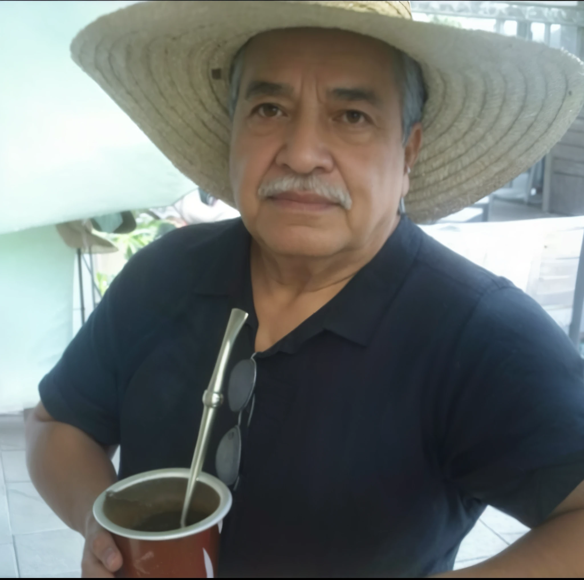 sharp man with straw hat holding a cup of coffee, Luis Nieves Sr., kalap, juan diaz canales, Eloy Morales, imagem de perfil, andres rios, Estilo Zigor Samaniego, zigor samaniego, Arauto Ortega, senor salme, Jose Miguel Romano Francisca, ele tem cerca de 60 anos