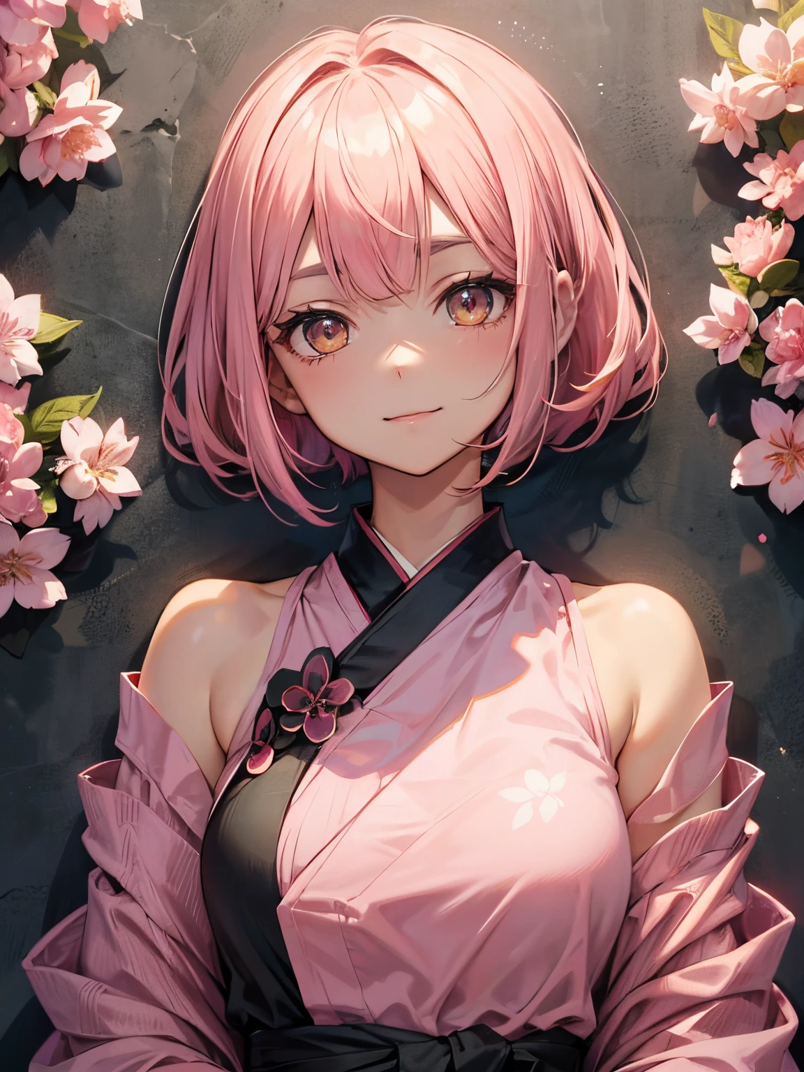 pink there、high-level image quality、Golden Eyes、 Pink Short Bob、Bangs at the top of the eyebrows、short bangs、Kimono、Dark Tone、A slight smil, Vibrant colors、The upper part of the body, Delicate drawing、