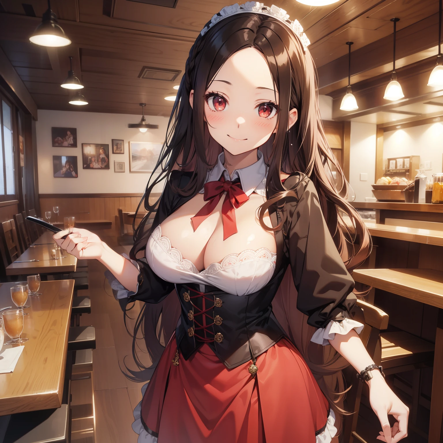 (masutepiece,Best Quality,8K),(extremely detailed CG1.1),teens girl,Smile,large boob,(From below:1.2),Intricate details , Hyper realistic, Perfect Anatomy,A dark-haired,Red Eyes,(((Forehead))),Permed hair with wavy hair,(((length hair))),Hair over one eye,hair slicked back,(((Standing))),Full body,Maid costume,blush,Happy smile,Old restaurant,Looking at Viewer