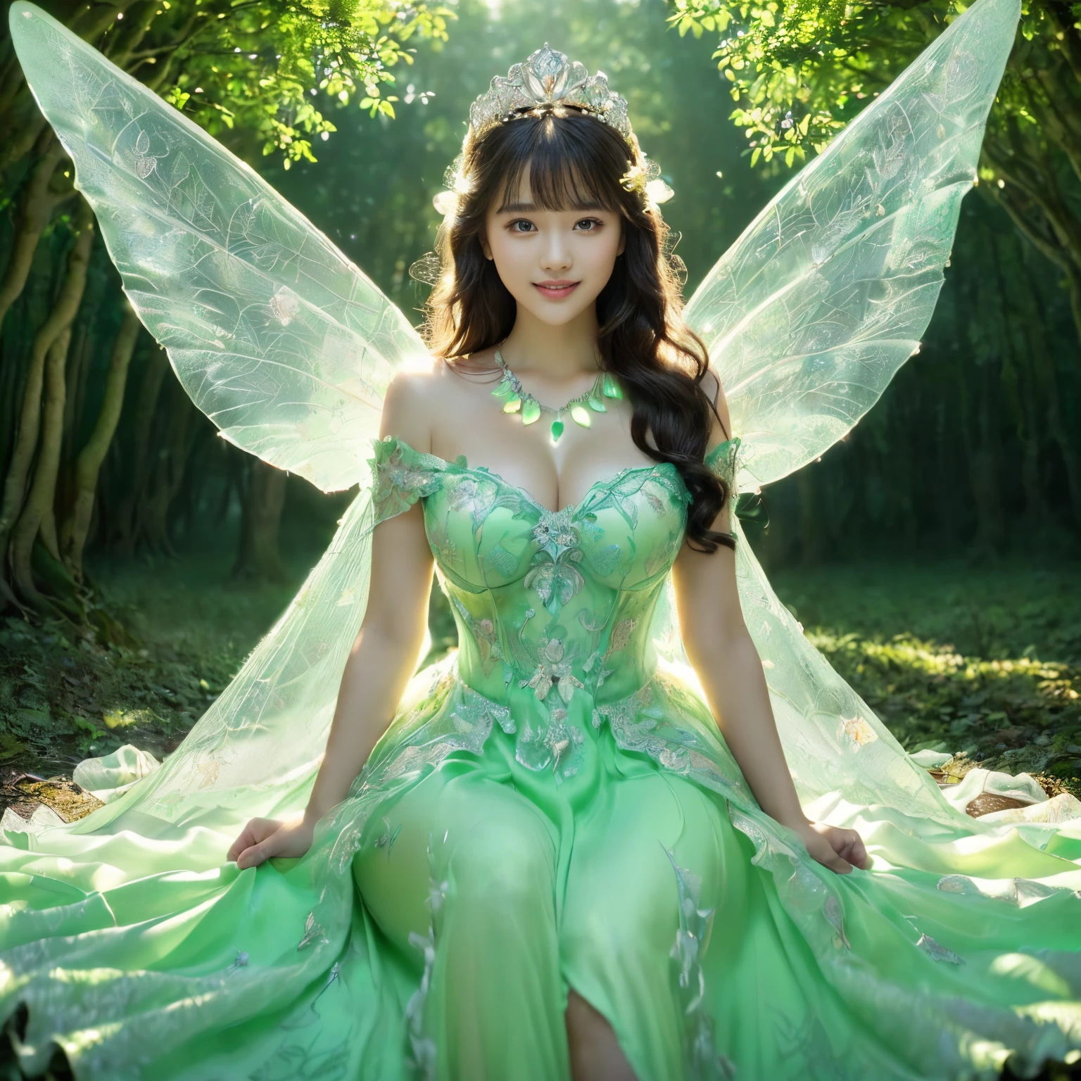 ((masutepiece、top-quality、8K、Highly Detailed and Complex Detail、The most complex and detailed textures、Super High Detail、the mildest texture、Smoothest texture))、(Beautiful spring water in the background:1.5)、((the most beautiful forest fairy、fairy tale fairy、Take from the knees up、Fairy wings that emit a fantastic and subtle glow、Transparent, shining wings、fairy tale wings、The Most Sacred Princess Dresses、The background is set in a complex and sacred forest、1 sacred tree、Giant sacred tree、Naturally formed tunnel of large trees、there is spring、A dress that gives off a mild glow from within、the most beautiful fairy dress、Mild fairy tale glow、Fairytale atmosphere、Fantastical、The most intricate and sacred dresses、the most beautiful spirit in the world、The Spirit of God'glorias、Accurate reproduction of the perfect spirit down to the last detail、The most complex and detailed forests、Luminous Dresses、sacred, mild and full of light、Extravagant tiaras and necklaces、Fantastical、Overgrown trees々、A forest bathed in sacred green light、very mild lighting))、((Most beautiful face,Half Japan and half Spanish、Beautiful smile、Beautiful wavy hair、The most luxurious and intricate dresses、Smile while staring at the camera、Slimed、large full breasts、Emphasize body lines))