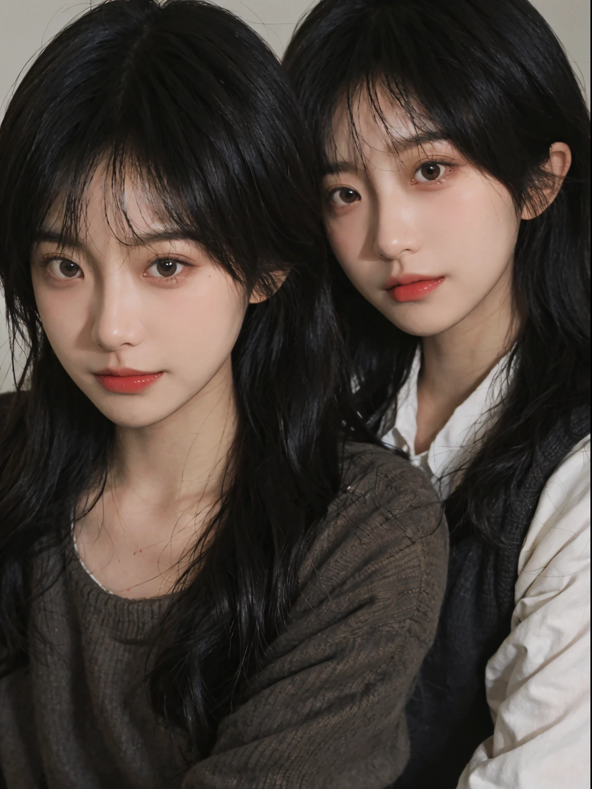 Best quality at best, 超高分辨率, (realistically:1.4), A woman with long black hair and a gray sweater, The middle view is, JK school uniform,blackstockings,under a ray of sunshine,She has black hair,through bangs, young lovely Korean faces, Cute Korean face, Urzans, Shin Jinying, beautiful aesthetic face, Korean facial features, Played by Liu Li Zhien ,beautiful realistic face