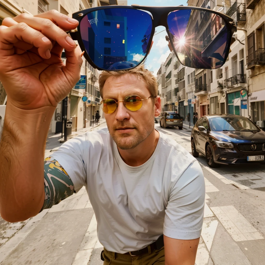 Imagem ultra realista, there is a man holding a pair of sunglasses on his head, implanted sunglasses, wearing mirrored sunglasses, Inspirado em Mads Berg, wearing oakley sunglasses, Refrações HDR, fotorrealismo extremo, Directed by: Amy Schumer, polarized sports sunglasses, num estilo de hiper-realismo, hyper realistic photo, with mirrorshades sunglasses, lente polarizada