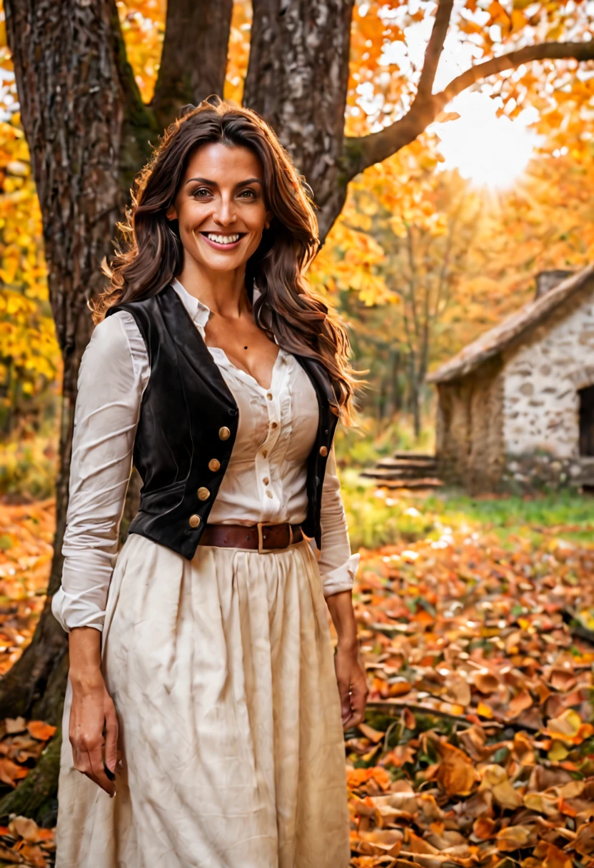 In the image, the foreground shows the face and upper body of a beautiful 40-year-old brunette italian woman with medium-length hair, very big breasts, smiling, dressed in a very large open black waistcoat (her navel and her breasts are visible) and white long skirt. The scene takes place in a clearing of an oak forest in autumn, the leaves of the trees displaying the vibrant colors of red, orange and yellow. Behind him, an old stone house. The autumn sun's rays filter through the foliage, creating soft shadows all around. Hyper-realistic rendering, using a Canon EOS 5D Mark IV camera with a Canon EF 24-70mm f/2.8L II USM lens.