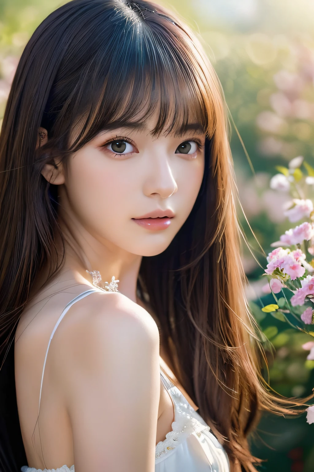 masterpiece, highest quality, High resolution, wallpaper, realistic, (bright lighting:1.4), professional lighting, face light, smooth lighting, japanese girl, full body, cute, open mouth to say something, shy, (A big bouquet of colorful beautiful flowers:1.5), held in front of her chest, so big that it covers her entire body, Beautiful girl, gravure, sexy, super beautiful, beautiful skin, beautiful and detailed eyes、detailed face、slim、moderately, Medium Hair, bangs, brunette colored hair, brown eyes, (looking away:1.4), Summer Dresses, The morning sunlight shines through the misty forest path.
