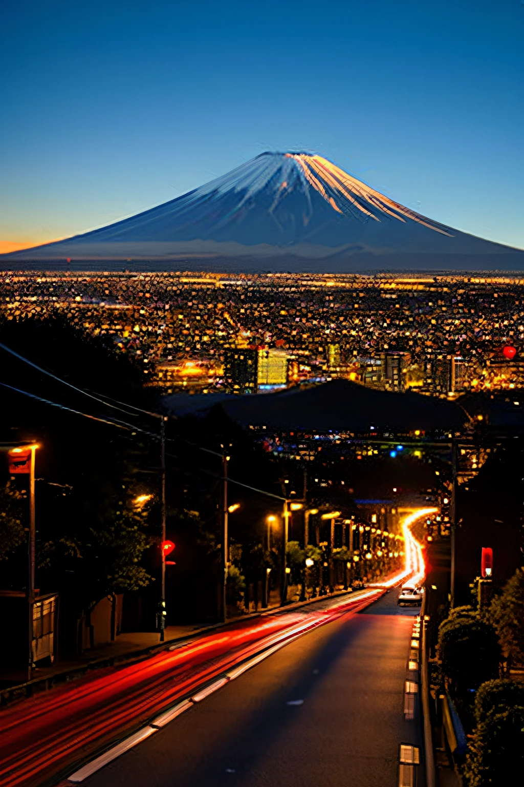 Cinematic,the city street, At the foot of Mt. Fuji,eventide,evening light, The sky is red,