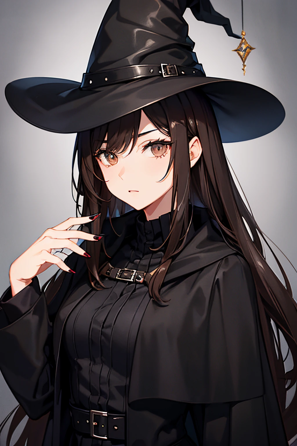 short black to brown hair, black eyes, witch, black magic, long black coat, long black boots, long black pants, black witch hat, long nails, no gender, tall