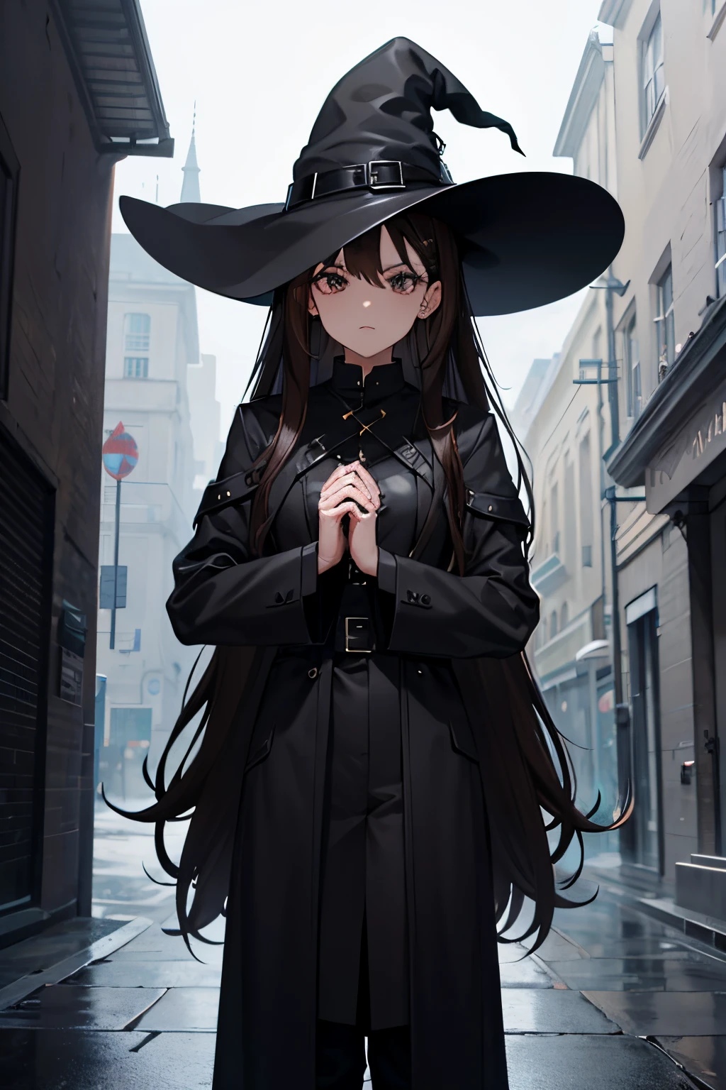 short black to brown hair, black eyes, witch, black magic, long black coat, long black boots, long black pants, black witch hat, long nails, no gender, tall