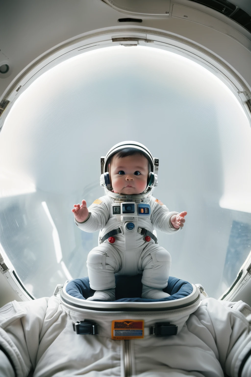 guttonerdvision10, Hyperrealistic portrait of a adorable baby astronaut floating weightlessly in space, dressed in a miniature space suit, wide-eyed wonderment, Earth seen in the distant background, intricate details on suit's patches and reflective visor, medium format film aesthetic, Mamiya RZ67, f/2.8, Kodak Portra 400, chiaroscuro lighting