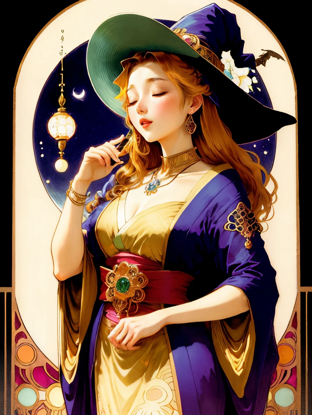 Wearing many colorful, bright and shining jewels、witch closing her eyes、Japanese modern style Alphonse Mucha-like illustrations