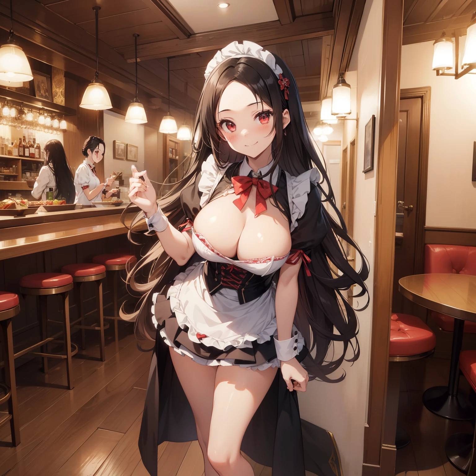 (masutepiece,Best Quality,8K),(extremely detailed CG1.1),s girl,Smile,large boob,(From below:1.2),Intricate details , Hyper realistic, Perfect Anatomy,A dark-haired,Red Eyes,(((Forehead))),Permed hair with wavy hair,(((length hair))),Hair over one eye,hair slicked back,(((Standing))),Full body,Maid costume,blush,Happy smile,Old restaurant,Looking at Viewer