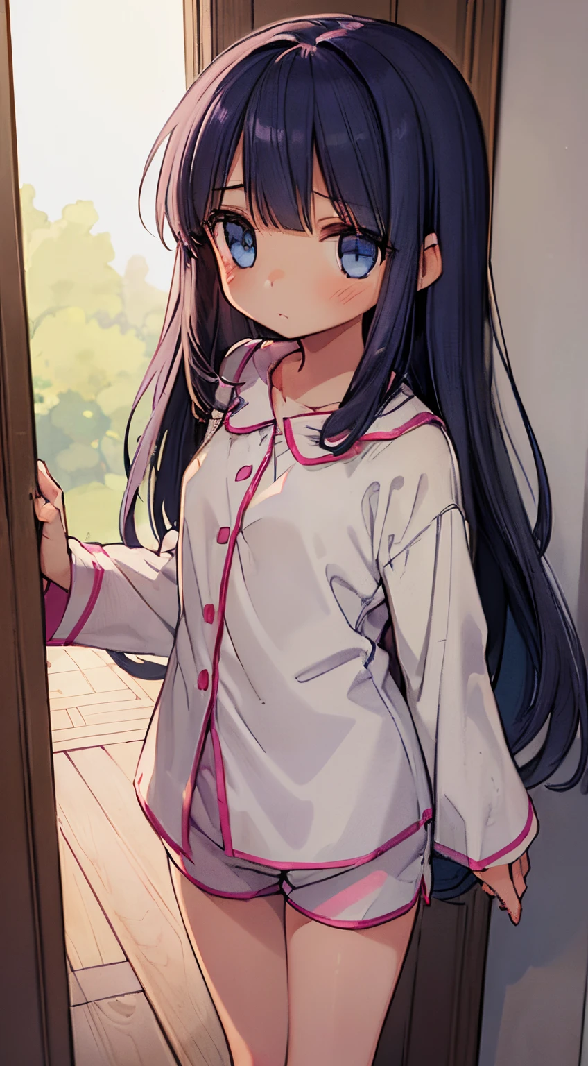 Beautiful illustration, Best Quality,(:1.5)、(cute petit girl：1.6)、Lori、flat chest、(s Pajamas、shortpants、Panty Shorts：1.6)、Gap between thigh and shorts、Clean thighs、Beautiful blue eyes, Cinematic lighting, Long、((straight haired))、(Sleepy face:1.2)、Redness of the cheeks、