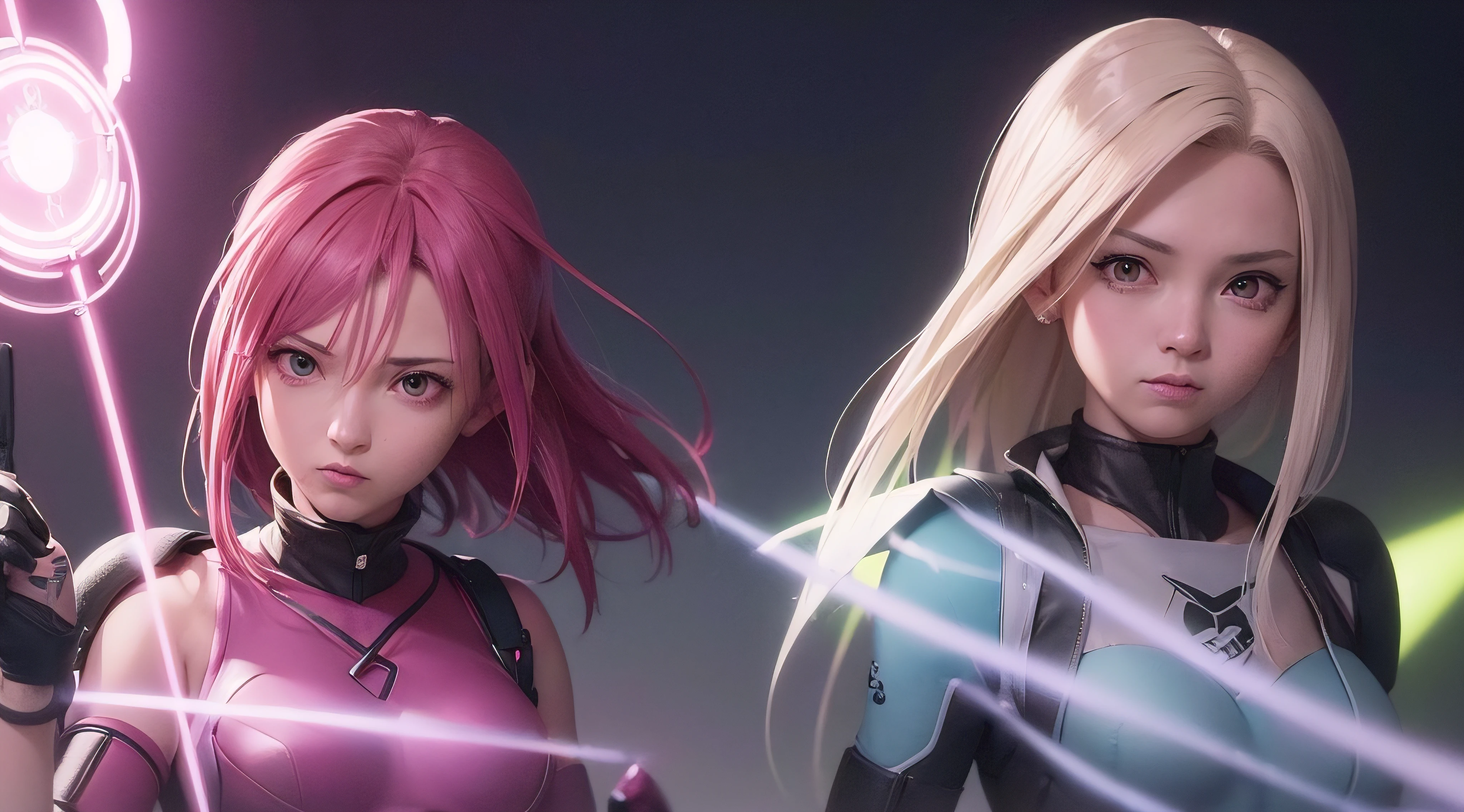 (obra prima) (perfection) (ultrarrealista | | | | |) (sem defeitos) sakura haruno e ino yamanaka, meninas de anime com sabres de luz, guerra nas estrelas, Neon light, cinematographic