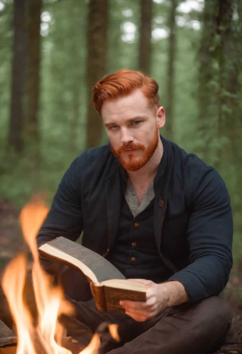A close-up of FireplaceFrank holding a book of fire safety tips, sitting in front of a campfire in the middle of a forest.,original,FireplaceFrank has red hair and a handlebar moustache