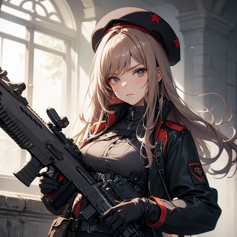 a beauty girl　Black beret　Hold your rifle and shoot　Sharp eyes　Face down shooting