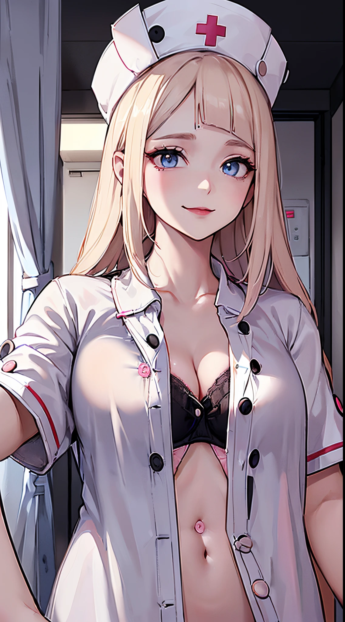 1womanl, Nurse, Nurse Cap, Whiteware, ((Her black bra is visible with all the buttons undone.:1.5)), White Gloves, Blonde hair, Blue eyes, Pink lips, Smile, Standing, ((Hospital Room)), sharp outline, Short sleeves, maturefemale, 35 years old, Best Quality, masutepiece