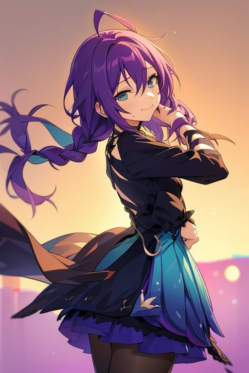 long hair, mole under mouth, purple hair, single braid, hair between eyes, aqua eyes, closed mouth, ahoge, smile, masterpiece, best quality,shiny,chromatic aberration abuse,pastel color,1girl,solo, strapless two-tone dress,pantyhose