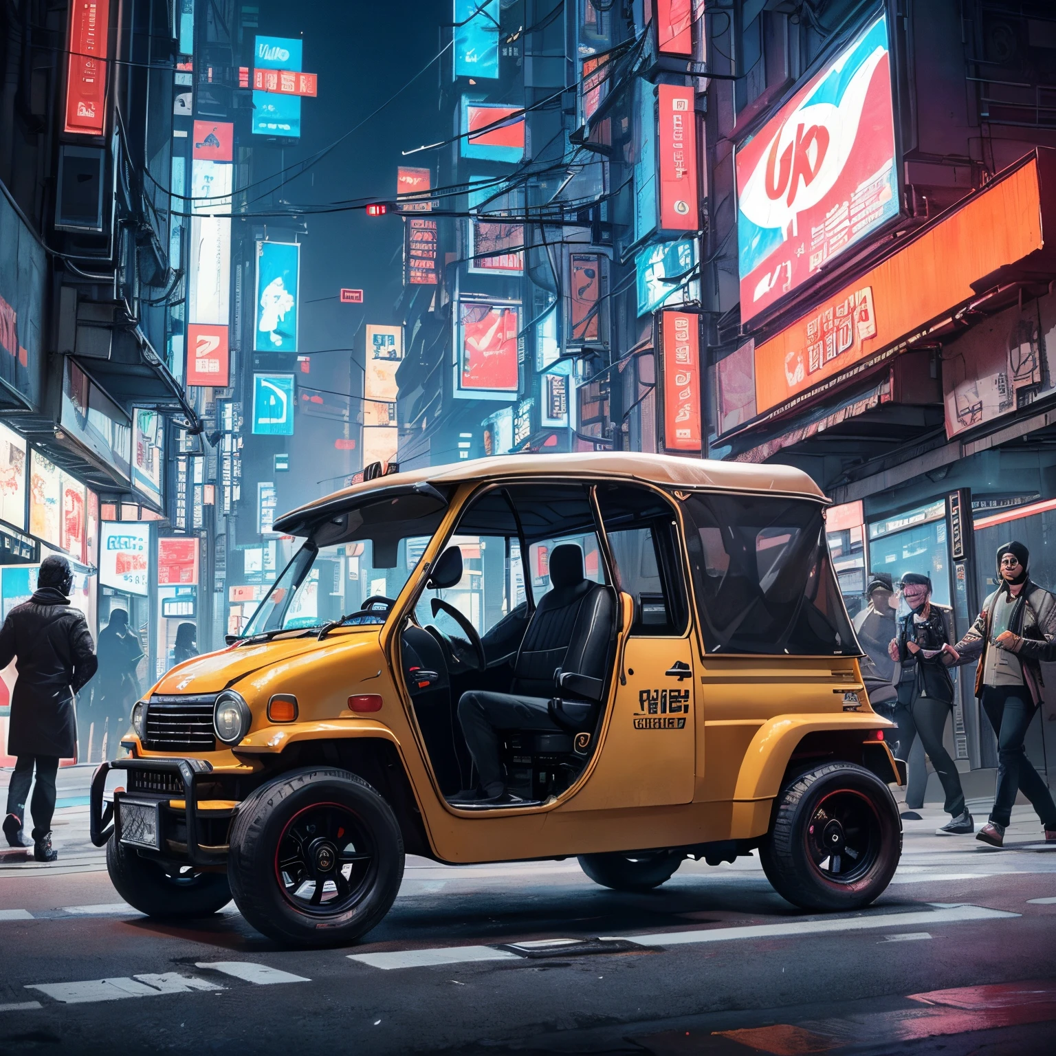 (at late night:1.3), , (detailed beautiful skin textures, detailed beautiful face, ultra detailed clothing textures), , (Cyberpunk:1.4), , (an ultra detailedfour-wheeled and long bonnet tuk-tuk with load on roof carrier and eear loading platform with luggage on it and letter-tyres), , (3/4 front view, The car is in the center of the frame), , (at parking area, at ultra detailed Night City of Cyberpunk), (All cars are classic cars with cyberpunk custumed), , (softlighting), , (masterpiece, best quality:1.4, 8k, ultra detailed, illustration, distinct_image, intricate_details, delicate illustration), (realistic:0.15),