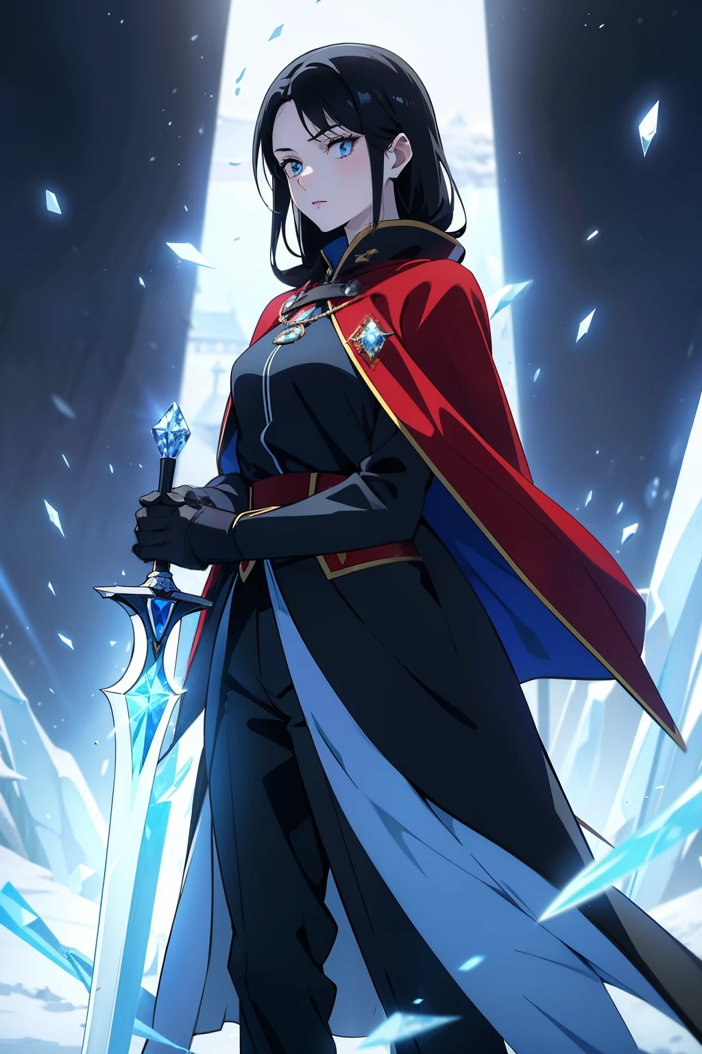 A woman, young, 19 years old, long black hair, snow-white skin, cold gaze, crystal blue eyes, black uniform with pants, wearing a red cloak with a loose hood, holding a crystal sword, background with blue lights .