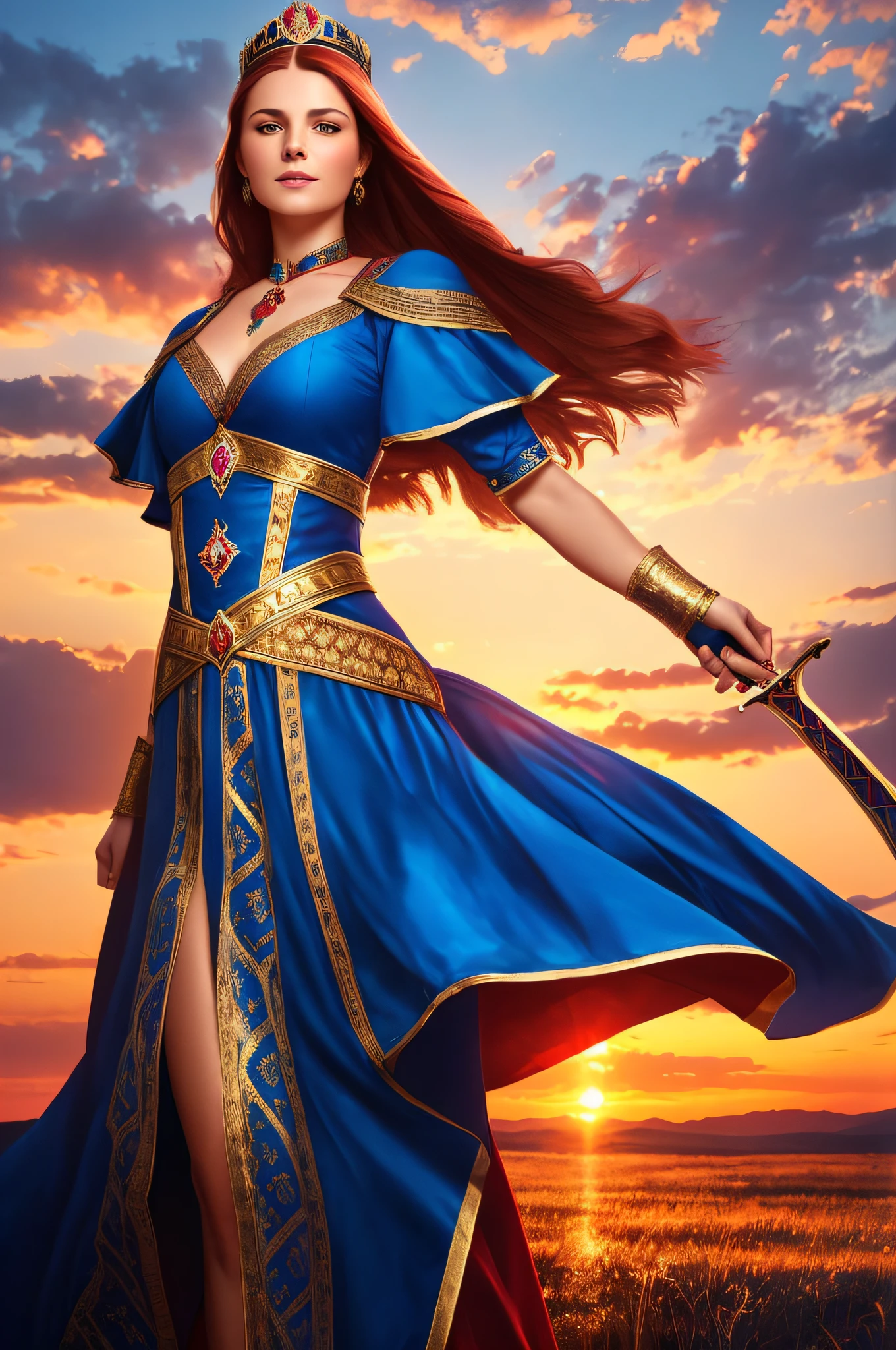 russian woman, Magic, beautiful blue dress with gold patterns and red rubies, full face, a closeup of a, Hi-Def, Photo from knee level, while holding a sword, radiance , against the backdrop of a scarlet sunset across the horizon, There is a crown on his head, Smiling