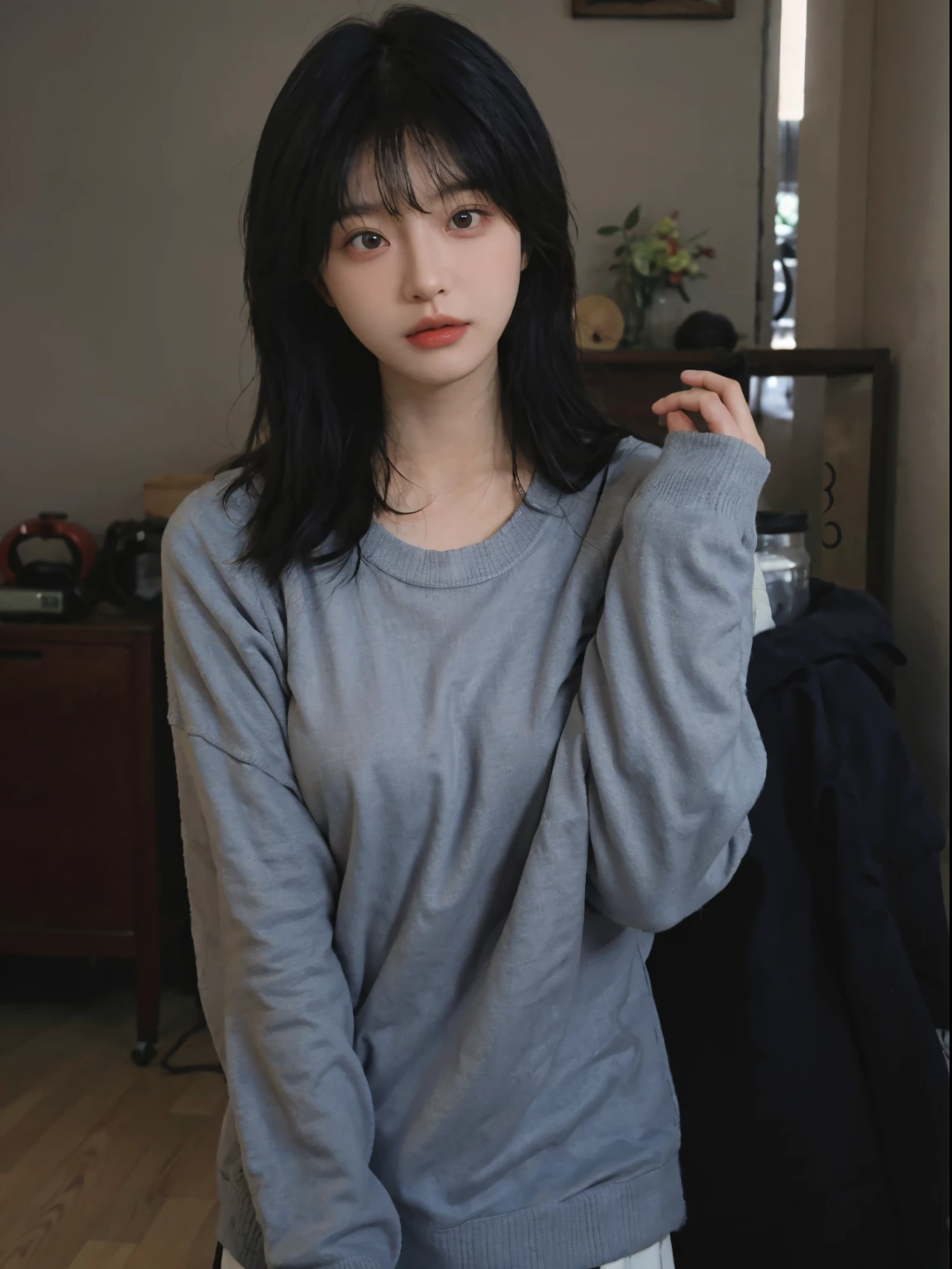 Best quality, 超高分辨率, (realistically:1.4), A woman with long black hair and a gray sweater, The middle view is, JK school uniform,under a ray of sunshine,She has black hair,through bangs, young lovely Korean faces, Cute Korean face, Urzans, Shin Jinying, beautiful aesthetic face, Korean facial features, Played by Liu Li Zhien ,beautiful realistic face