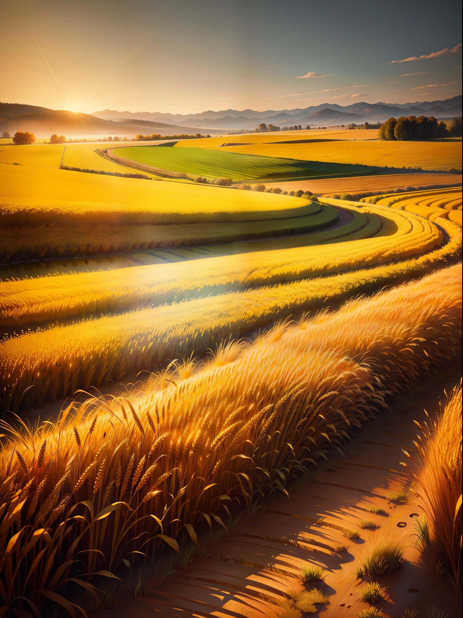 (wheat field), wheat, background, golden, scenery, wallpaper, 4k, masterpiece, original art, beautiful lighting, light streams, caustics,lilypads, zeiss, sigma, photography, canon 5d, small hills in the background