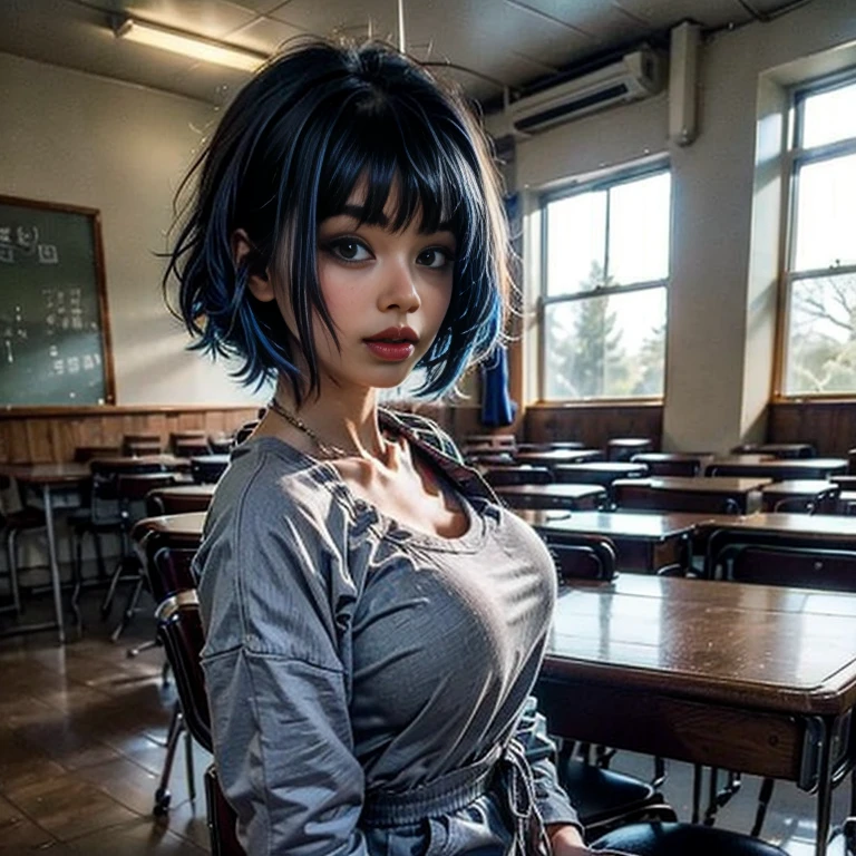 Beautuful Women、Blue-haired、校服、Physical beauty、Older、school buildings