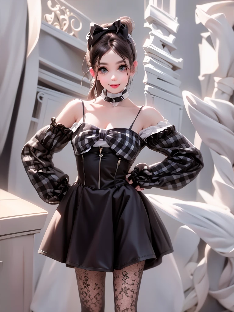 a cute girl smiling, wearing a gothic skirt, crop lace cloth shirt, puffy sleeves, hair bow, smokey eyes makeup, collar, choke, pumps,