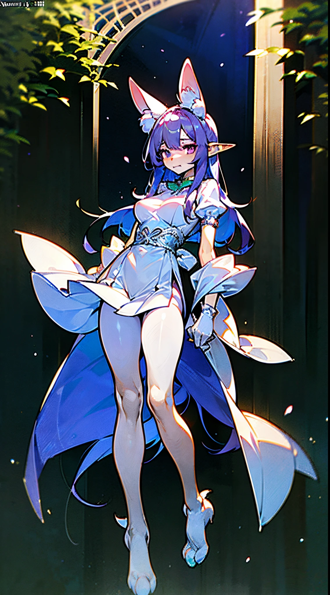 Bunny girl, digitigrade legs, rabbit legs, rabbit feet, elf, paws, human hands, wild long hair, (elf ears 1.6), (bunny ears 1.6), ((perfect female body)), (lavender colored hair 1.8), (silver eyes 1.6), sad, (very petite body), ((very skinny)), (medium breasts), ((small hips)), ((small waist)), pale white skin, Caucasian, ((very long legs)), ((white robe with purple filigree)), (priest), highly detailed, (((masterpiece))), nighttime forest background,