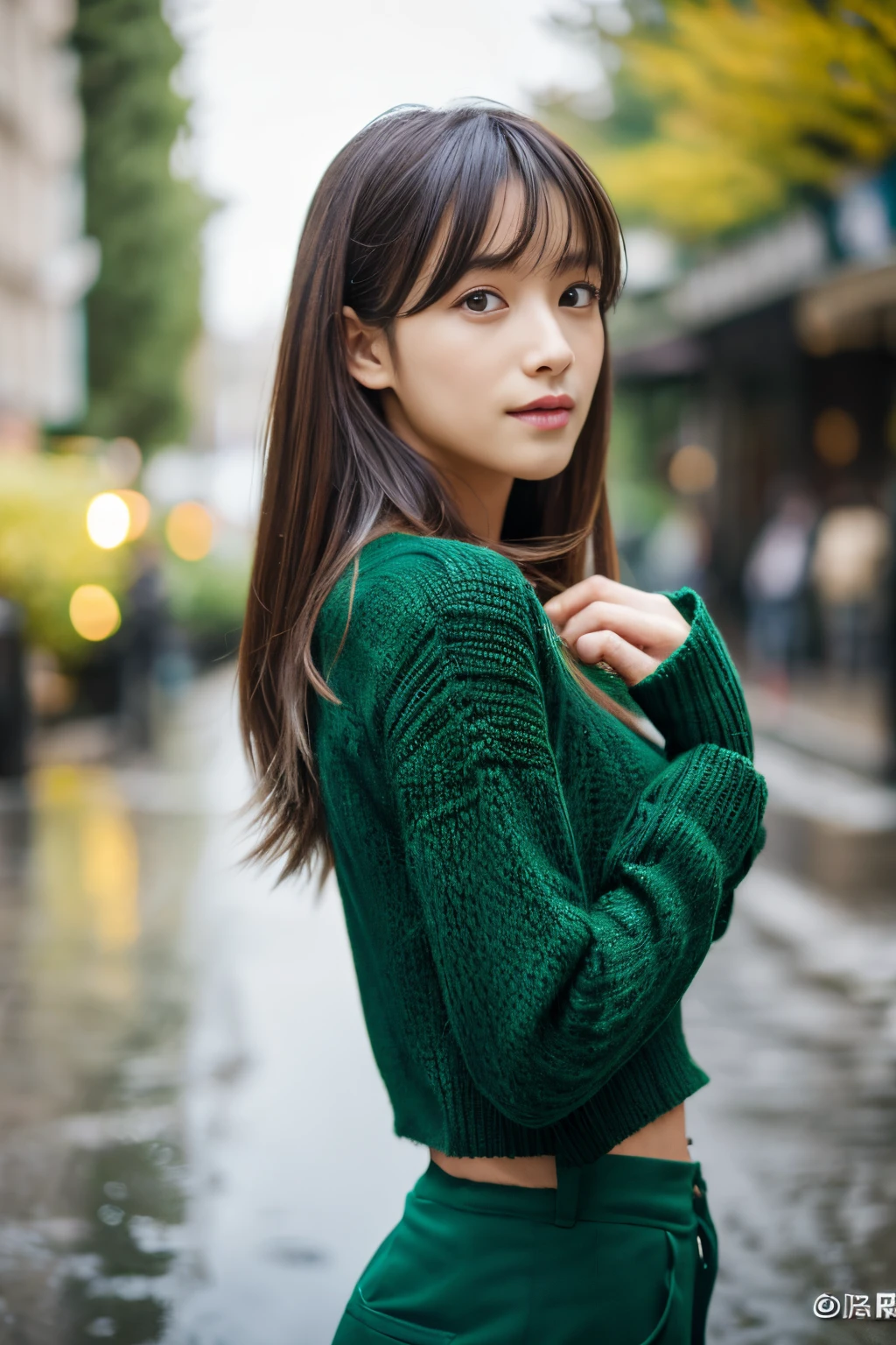 ((Best Quality,8K,masutepiece:1.3)), Sharp Focus:1.2, Beautiful woman perfect body:1.4, Slim abs:1.2, (Long hair,Straight hair:1.2), (dark green long sleeve knit top), (Rain, Street:1.2), Wet body:1.5, Three-dimensional texture, Detailed eyes, Brown hair, Very shiny hair, Back view, Improving hair quality, Beautiful eyes, Bangs