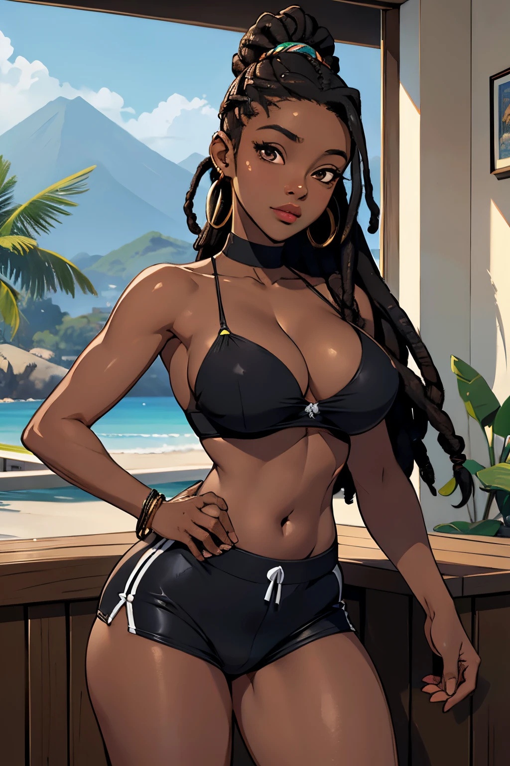 Foto realista sfw  preta bonita, cintura fina e grossa, mas fina, curvas perigosas, coberto de leite pingando, exposto, sedutor, Africano, pele bronzeada, tampo de tubo preto, pele escura, dreadlocks, clivagem, mamas expostas, breast recess, trend in hyperrealism portrait Pixiv, Em casa, pose sexy, 19 anos sfw