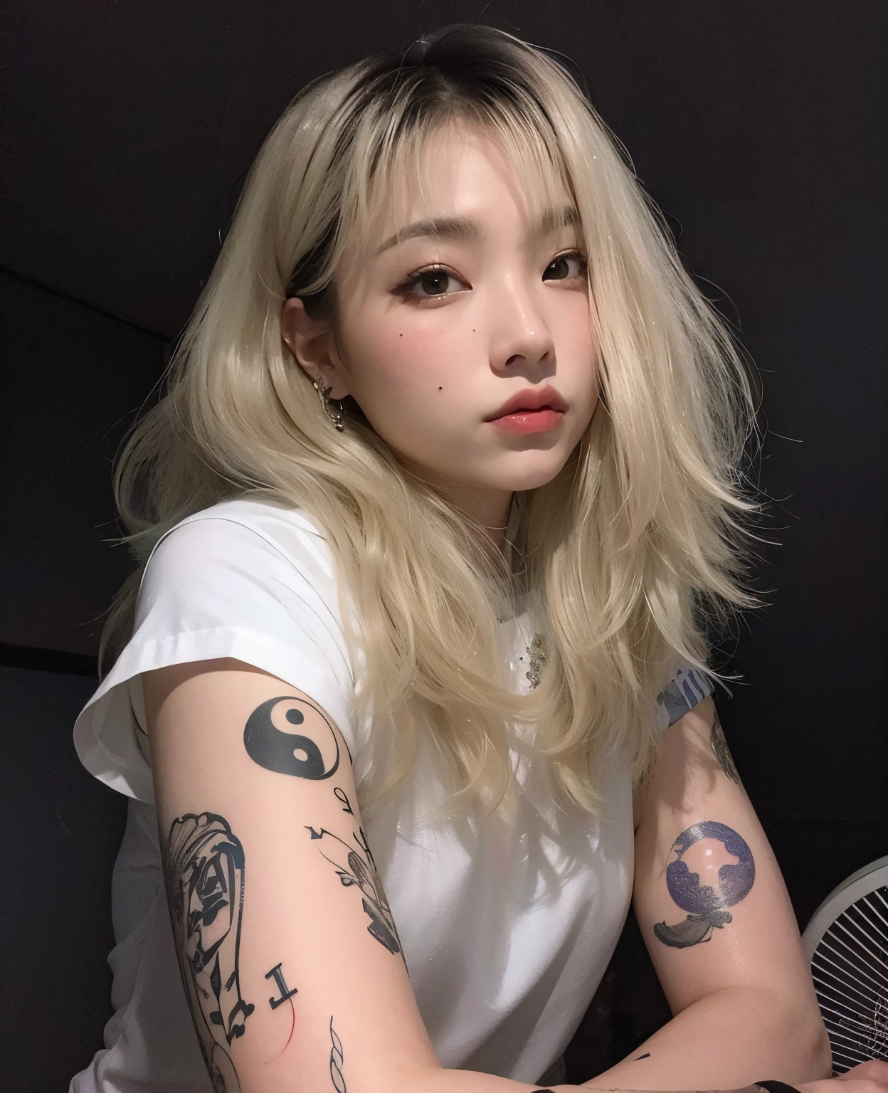 hay una mujer con un tatuaje en el brazo sentada en una mesa, Peinado blanco de corte hime, Jinyoung Shin, de chica taiwanesa con tatuajes, cruel korean goth girl, con tatuajes, Parque Roseanne de Blackpink, Xision Wu, Jaeyeon Nam, 🤤 girl portrait, con el pelo largo, Heonhwa Choe, Taejune Kim, Su cabello es blanco, Chica coreana