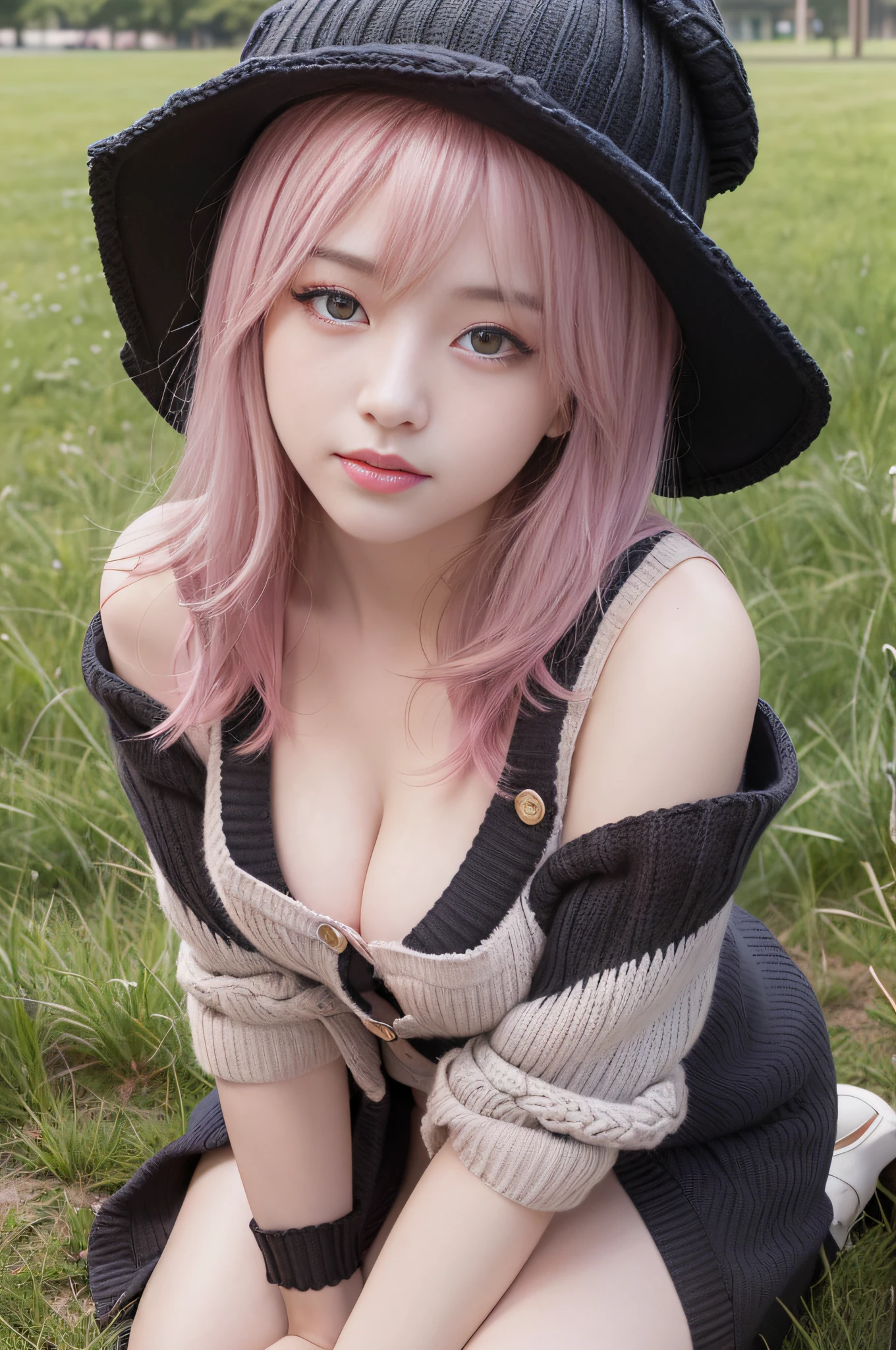 ((cardigan)), volumetric lighting, Masterpiece, Best Quality, High Resolution, shiny skin, 20 years girl, realistic,(bob hair), seductive smile, (medium breasts), ((long shot)), grass park, ((black knit hat)), full body, ((kneeling)), pink skirt, (((spread thighs)))