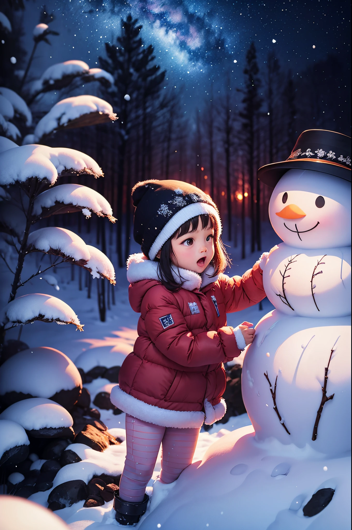 A 5-year-old girl happily builds a snowman,snowflower,at winter season,Thick snow,footprints,Colorful,((Best quality)), ((tmasterpiece)), Enhanced dynamic viewing angle,,Blooming flowers,cabin in the woods,glowing effect,ultra - detailed,Works of masters,high high quality,8K分辨率,depth of fields,电影灯光,epic shooting,high high quality,ultra - detailed,Detailed pubic hair,Accurate,电影灯光