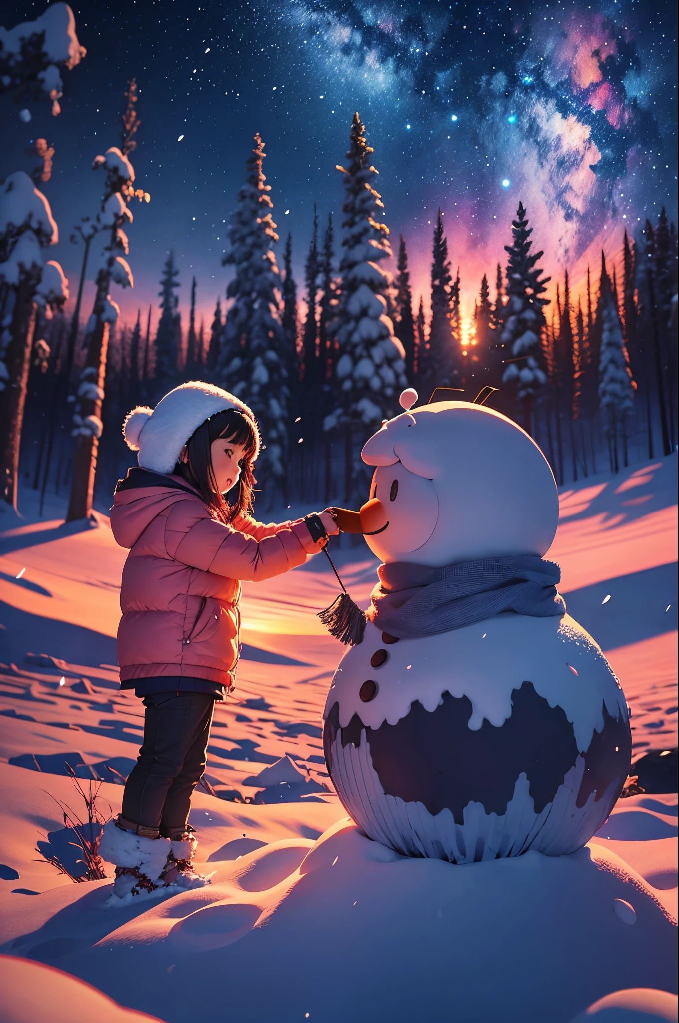 A 5--old l happily builds a snowman，snowflower，at winter season，Thick snow，footprints，Colorful，（（Best quality））， （（tmasterpiece））， Enhanced dynamic viewing angle，，Blooming flowers，cabin in the woods，glowing effect，ultra - detailed，Works of masters，high high quality，8K分辨率，depth of fields，电影灯光，epic shooting，high high quality，ultra - detailed，Detailed pubic hair，Accurate，电影灯光