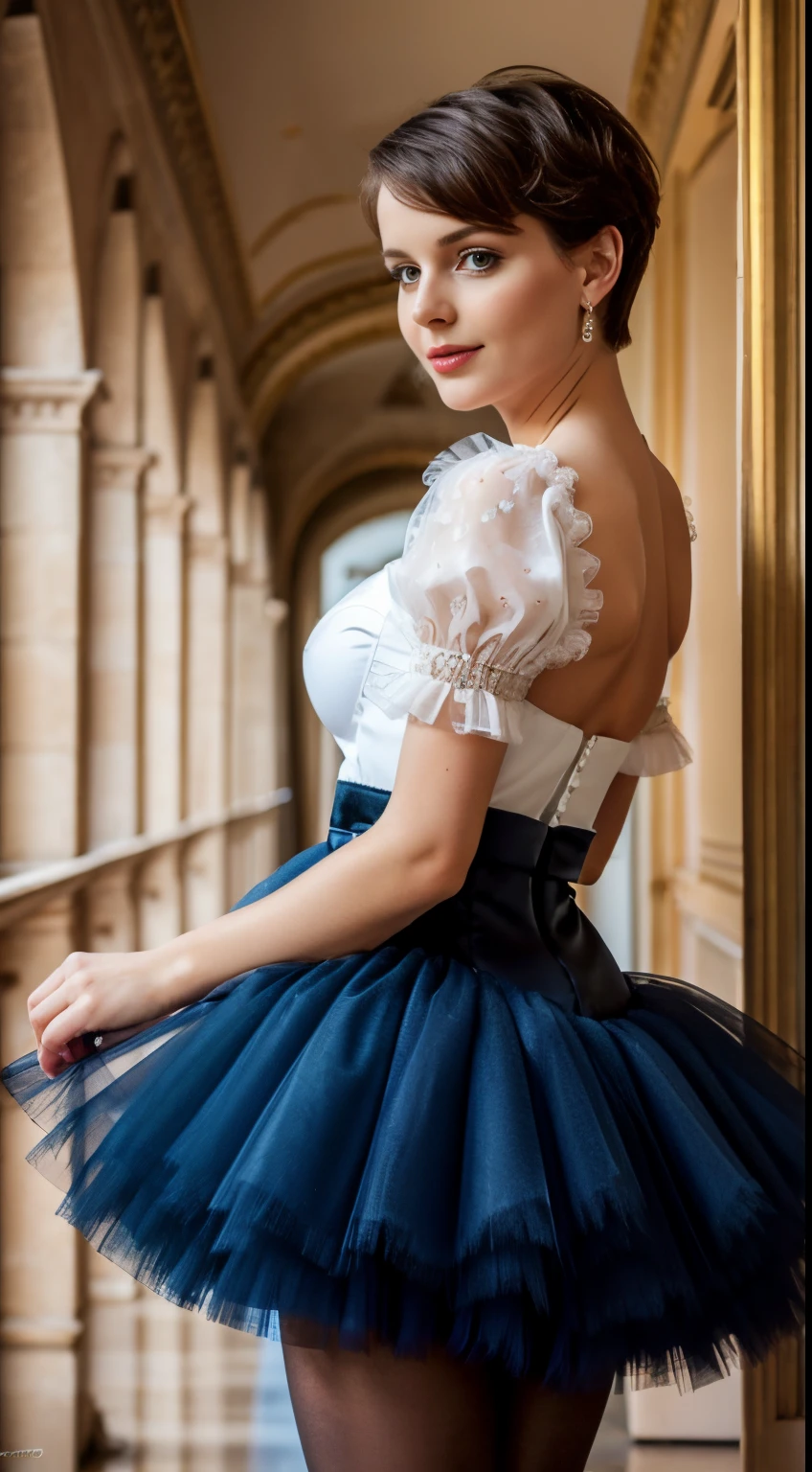((((erotic)))), (((innocent french woman 26yo))), (best quality,4k,8k,highres,masterpiece:1.2),ultra-detailed,((cute mishievous flirtarious)) empire micro dress european model, pretty printed, makeup, lipstick, ((short hairs)), BREAK, puff sleeves, tutu, tulle, petticoated