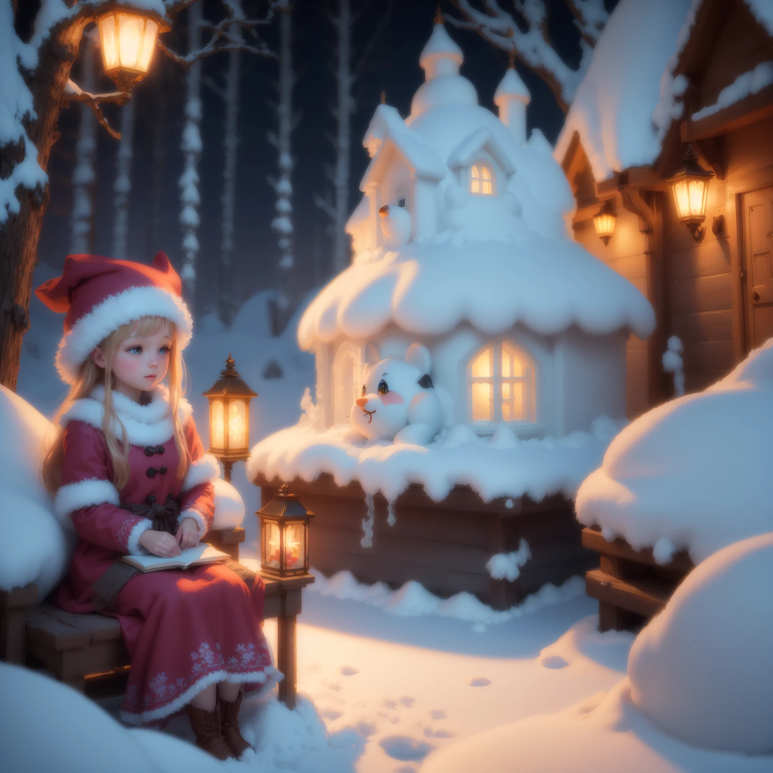 (Best quality at best,4K,8K,A high resolution,tmasterpiece:1.2), (actual,realistically,realistically:1.37),snow sculpture art,snow sculpture castle,Build a snowman,Make sculptures from snow,Children playing happily in the snow,natta,lamplight,sergey zabelin, beautiful render of a fairytale, author:Alexei Venezyanov, romantic storybook fantasy, Cute 3d rendering, andrey gordeev, art in the style of disney, Yuki, Winter nights, in a whimsical fairytale forest, fantasia de cena de inverno