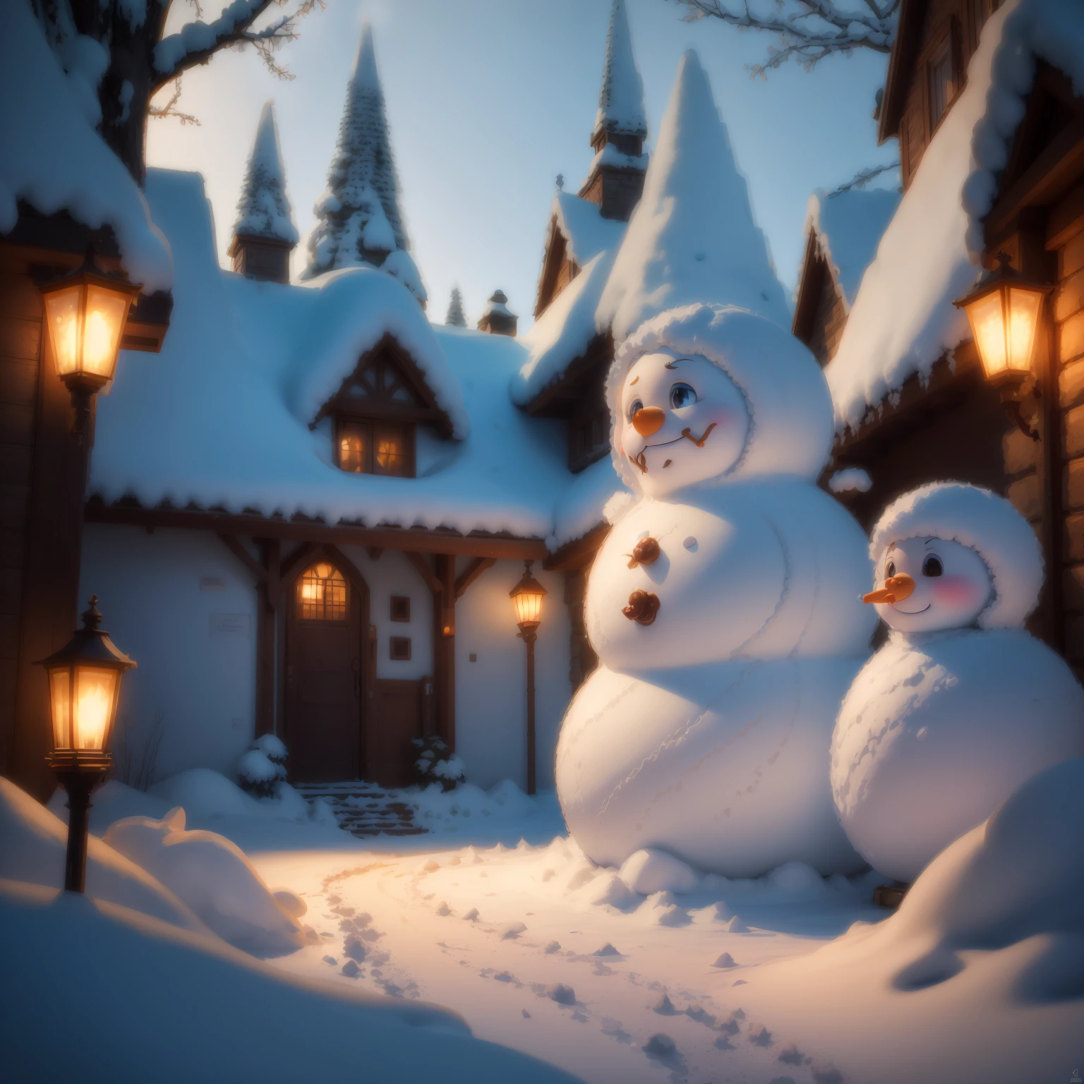 (Best quality,4K,8K,A high resolution,tmasterpiece:1.2), (actual,realistically,realisticlying:1.37),snow sculpture art，snow sculpture castle，Make a snowman，Make sculptures from snow，Children playing happily in the snow，natta，lamplight，sergey zabelin, beautiful render of a fairytale, author：Alexei Venezyanov, romantic storybook fantasy, Cute 3d rendering, andrey gordeev, art in the style of disney, Yuki, Winter nights, in a whimsical fairytale forest, fantasia de cena de inverno