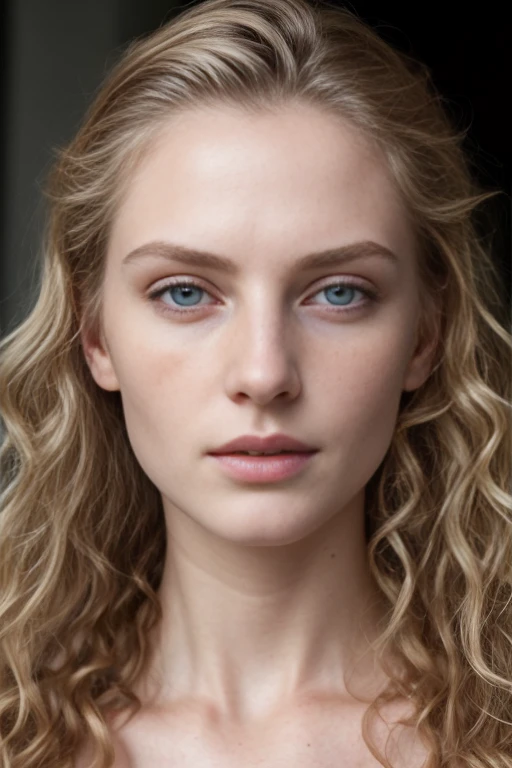 ((half body)) portrait photo of a beautiful 25 years european woman, (extra long (((curly)))) blonde hair), [[[[chest]]]] [[[[neck]]] [shoulders]]]]], Award - winning photograph, Masterpiece, 8k, ultra high res, hyper detailed, beautiful woman, perfect face, rule of thirds, Realistic Perfect eyes and pupils, Perfect full lips, upturned nose, highly detailed shining hair, ((detailed face)), ((detailed facial features)), (finely detailed skin), pale skin, skin pores, skin blemishes, realistic skin texture, intricate details, photorealism, hyperrealism, ultra realistic, lifelike textures, neutral colors, cinematic lighting, dramatic lighting, backlight on hair, sharp focus, wide angle, film grain, dslr, raw photo,