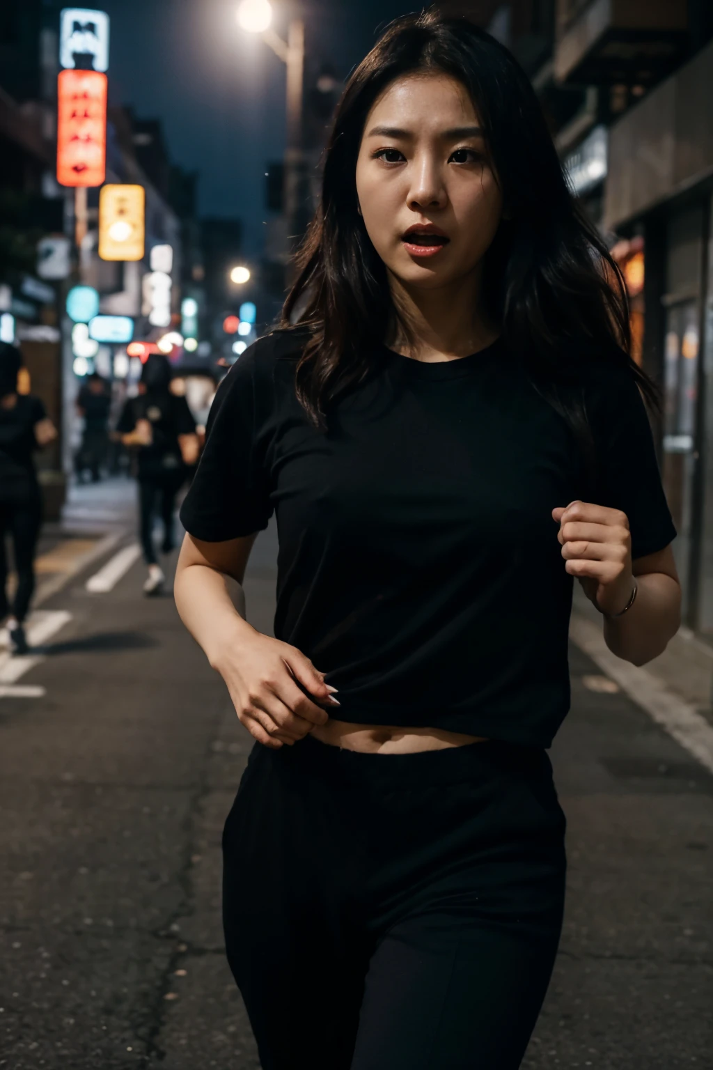 On a dark night, a Korean woman in her 30s wearing a black t-shirt and black long pants was running towards me like crazy, screaming for help