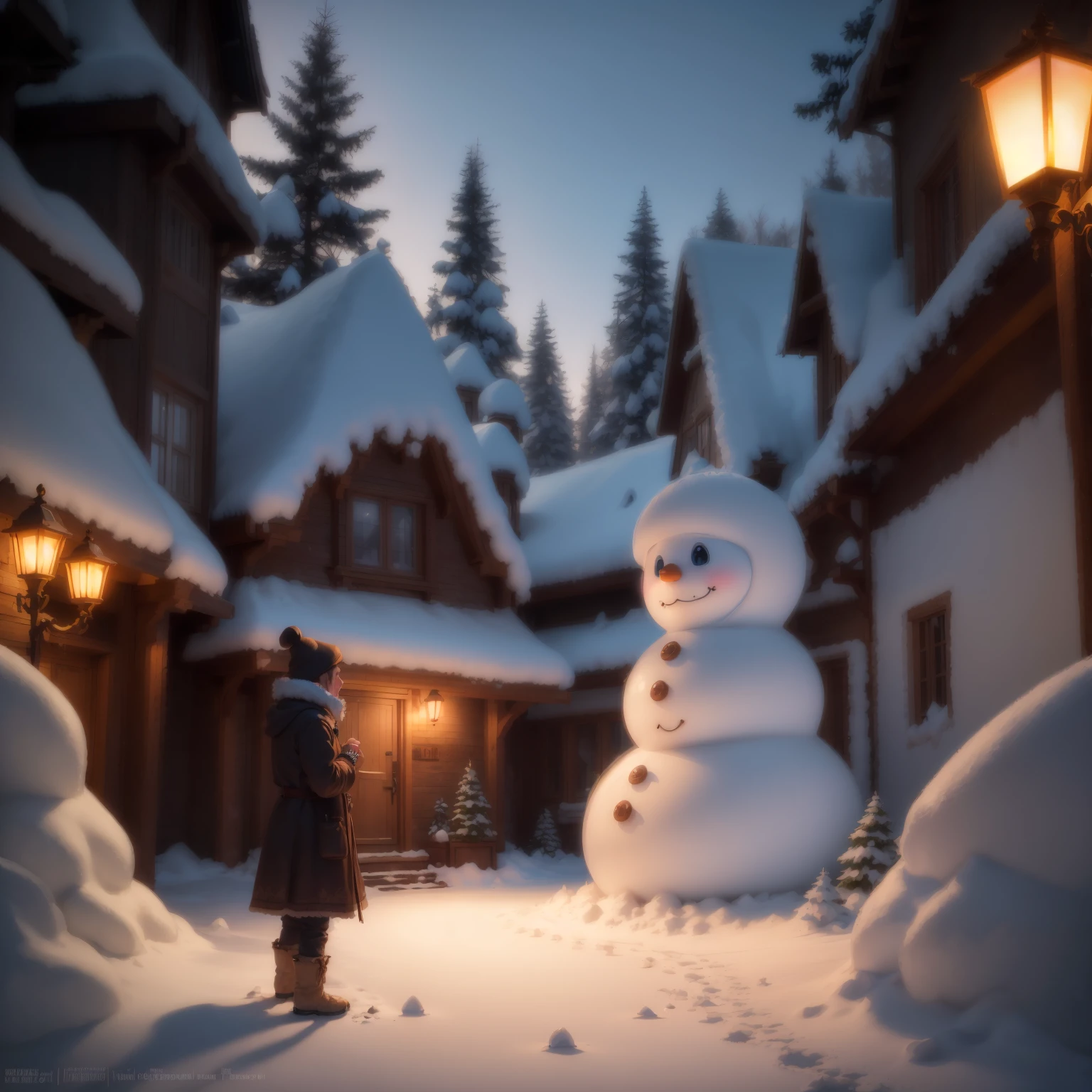 (Best quality,4K,8K,A high resolution,tmasterpiece:1.2), (actual,realistically,realisticlying:1.37),snow sculpture art，snow sculpture castle，Make a snowman，Make sculptures from snow，Children playing happily in the snow，natta，lamplight，sergey zabelin, beautiful render of a fairytale, author：Alexei Venezyanov, romantic storybook fantasy, Cute 3d rendering, andrey gordeev, art in the style of disney, Yuki, Winter nights, in a whimsical fairytale forest, fantasia de cena de inverno