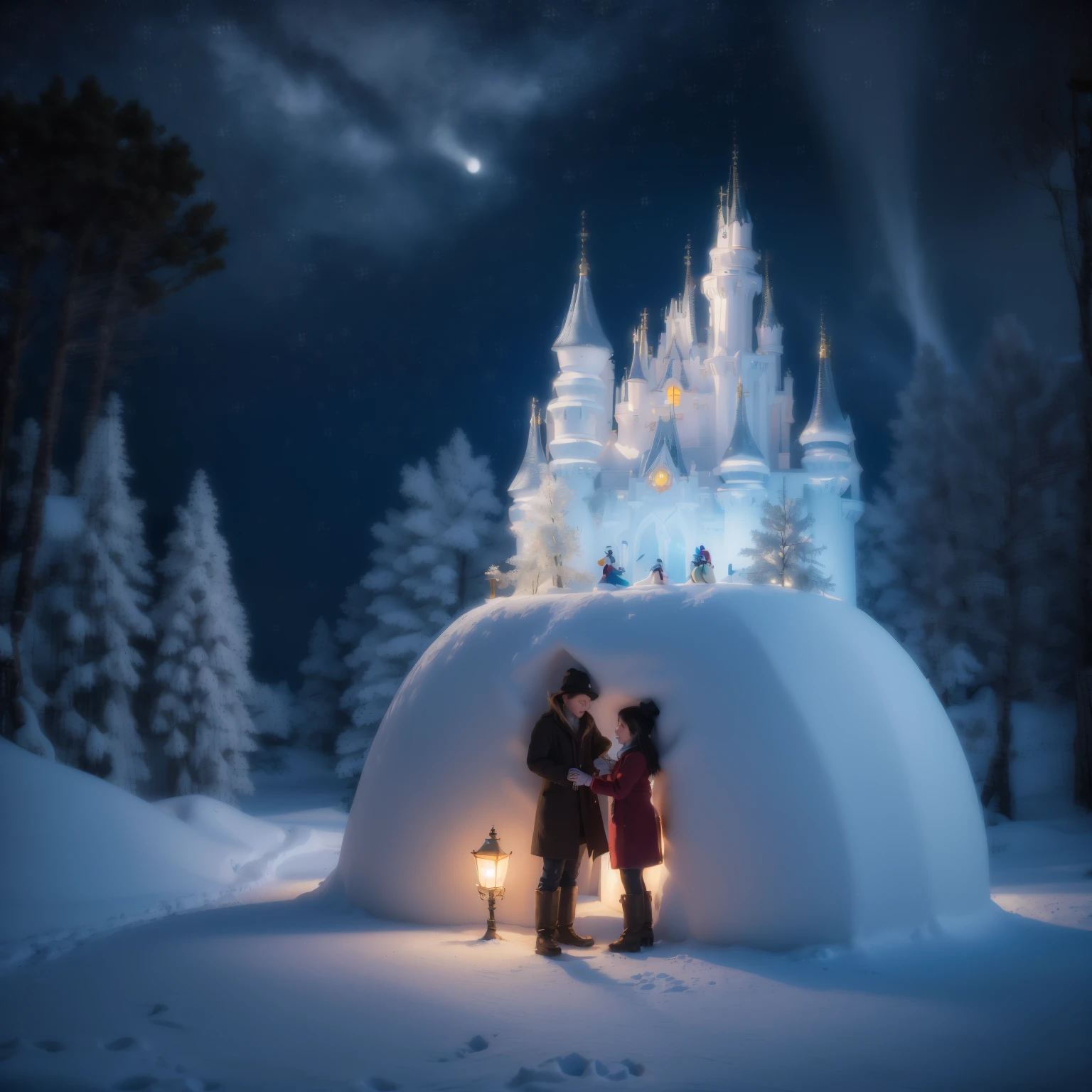 Two snowmen stand in front of the castle, sergey zabelin, beautiful render of a fairytale, author：Alexei Venezyanov, romantic storybook fantasy, Cute 3d rendering, andrey gordeev, art in the style of disney, Yuki, Winters, in a whimsical fairytale forest, fantasia de cena de inverno