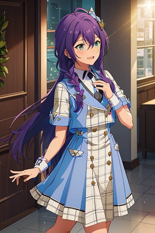 long hair, mole under mouth, purple hair, single braid, hair between eyes, teal eyes, open mouth, ahoge, blush, smile, future signature \(costume\), blue clothes, blue hair bow, blue footwear, (best quality, 8K, masterpiece, ultra detailed:1.2),(lens flare, light particles, sparkle),depth of field,1girl,sharp teeth