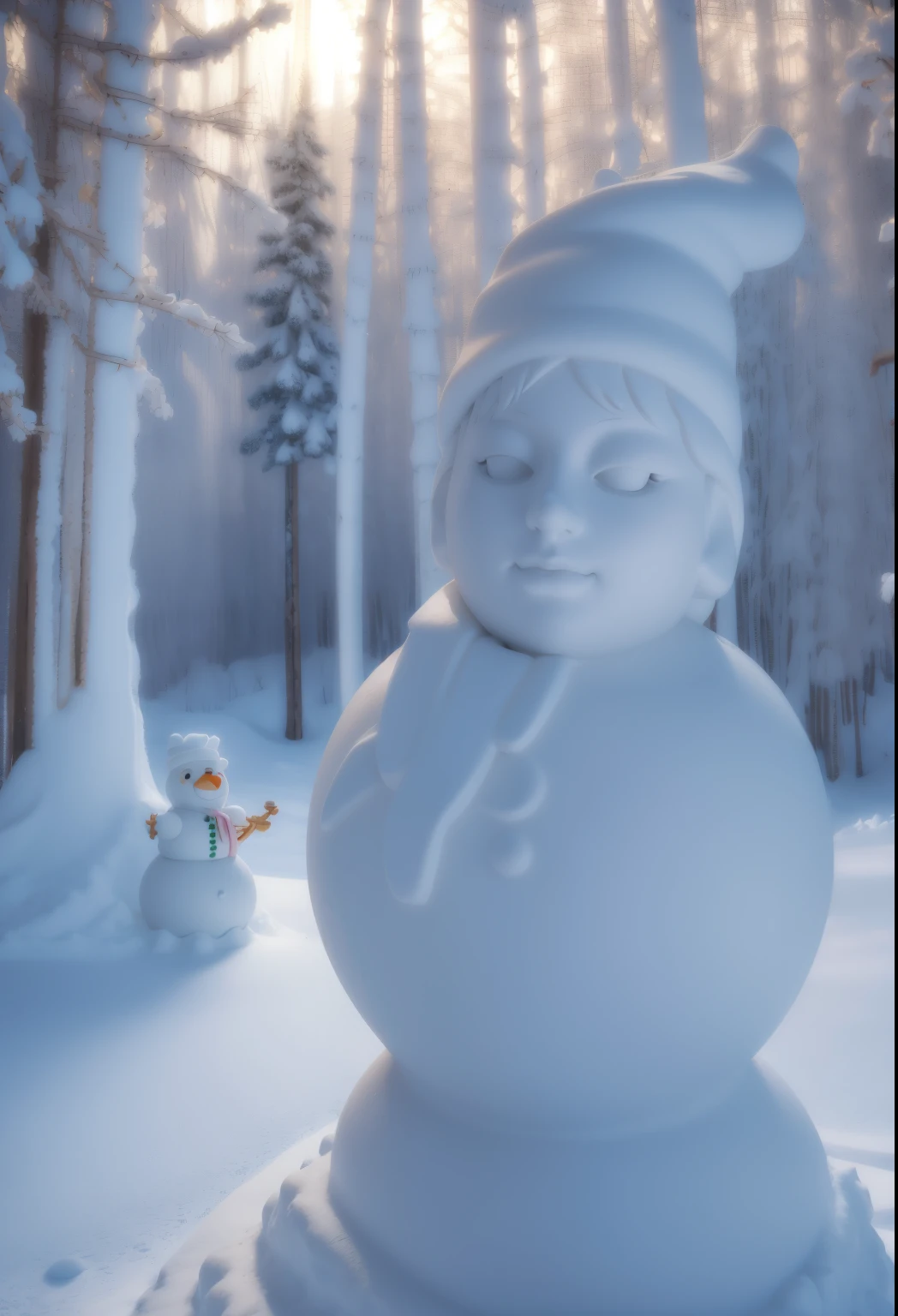 snow sculpture art，snow sculpture castle，Build a snowman，Make sculptures from snow，Children playing happily in the snow，natta，lamplight，sergey zabelin, beautiful render of a fairytale, author：Alexei Venezyanov, romantic storybook fantasy, Cute 3d rendering, andrey gordeev, art in the style of disney, Yuki, Winter nights, in a whimsical fairytale forest, fantasia de cena de inverno