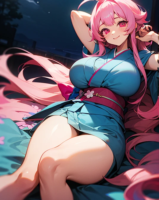 1 girl, game CG, blue floral short kimono, thighs visible, gigantic breasts, pink hair, long hair, hair up, princess hairstyle, ahoge, pink eyes, smile, lie down, night,