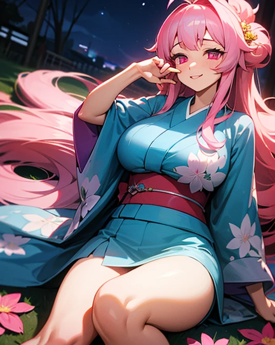 1 girl, game CG, blue floral short kimono, thighs visible, gigantic breasts, pink hair, long hair, hair up, princess hairstyle, ahoge, pink eyes, smile, lie down, night,