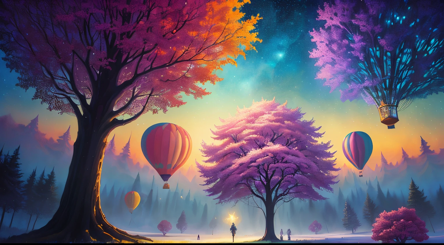 the painting is an abstract interpretation of a magical scene with trees and balloons, tree, star (sky), Cyril Rolando & M.In Kaluta, Cyril Rolando & M. In Kaluta, inspired by Cyril Rolando, Michael Page, Tim White Art. 64 Megapixels, dan mcpharlin, jacek yerka and vladimir kush