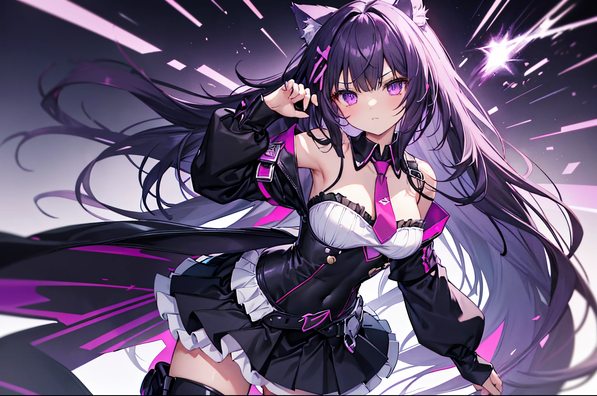 Smaller chest　Solo Girl　deep purple long straight hair　cat ear　red necktie　Black costume　a park　Black and white miniskirt　Ruffled　Black boots　daytime　Hiding hands behind your back　Heartbreaker　very cute anime character　central city　PSO2NGS background purple eyes　Battle stance Costume using white lace　The navel is protruding　Exposed shoulders　black chest protector　white  shirt